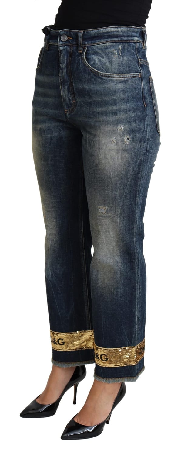 Blue cotton stretch sequin cropped denim jeans