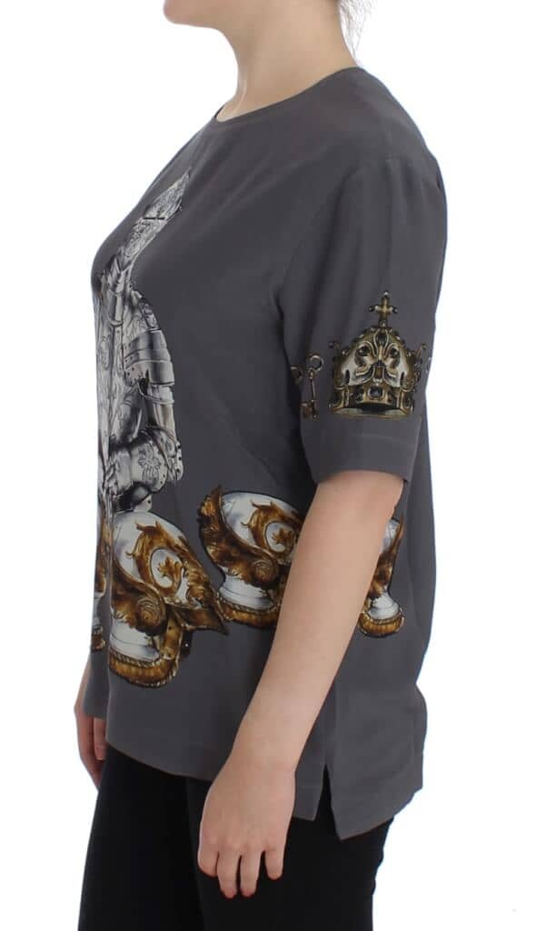 Gray knight crown print silk blouse top