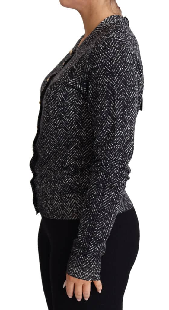 Gray chevron wool ribbed cardigan sweater