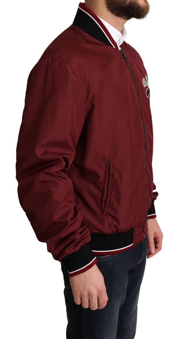 Red polyester full zip bomber jacket