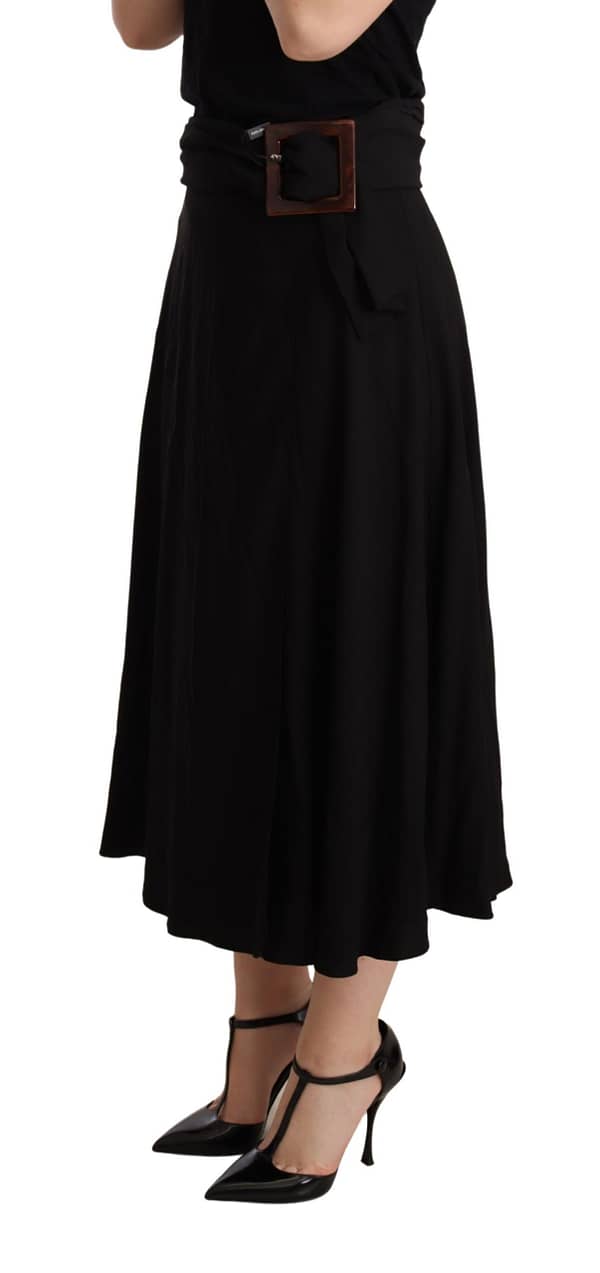 Black viscose high waist pleated midi skirt