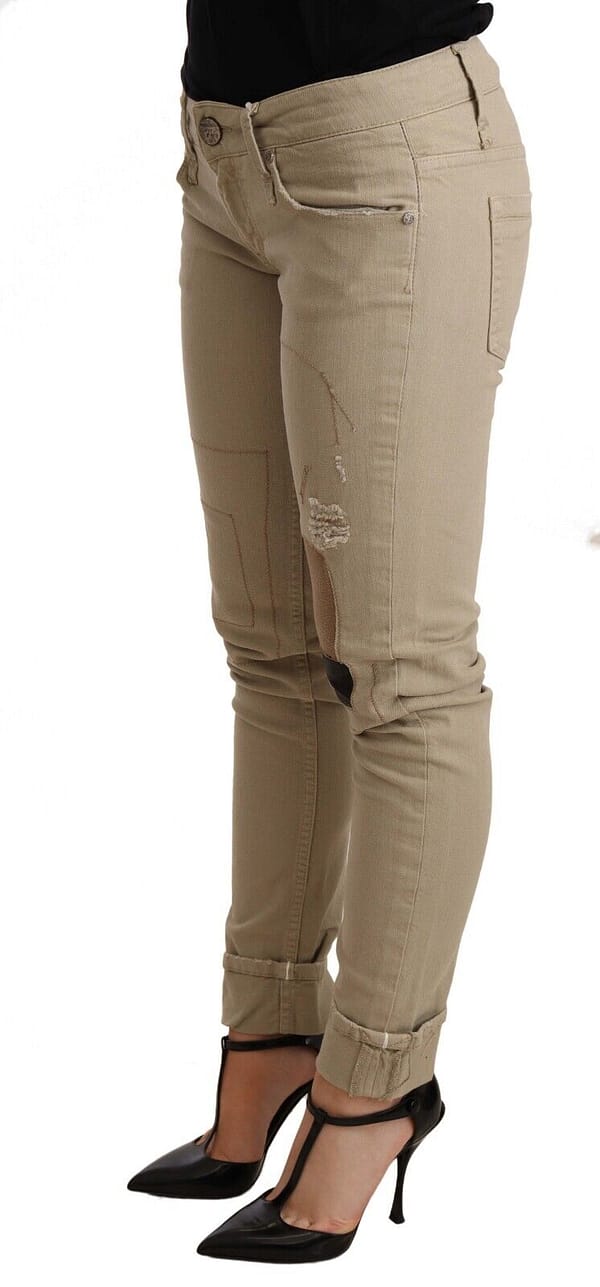 Beige denim cotton bottom slim fit folded pant
