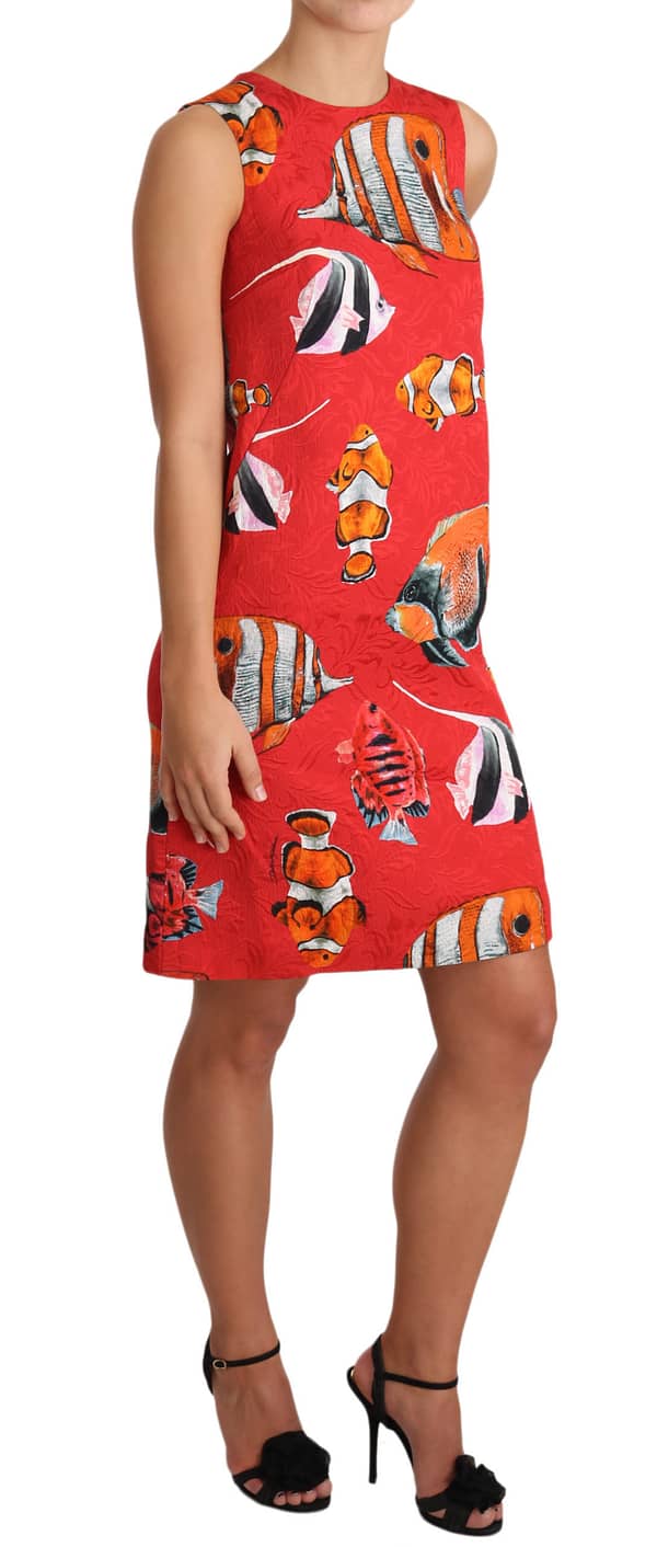 Red fish print sleeveless mini shift dress