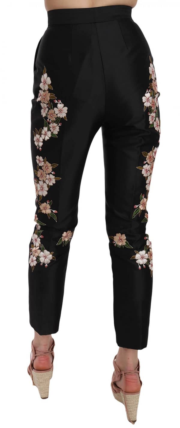 Black silk floral embroidered trousers slim pants
