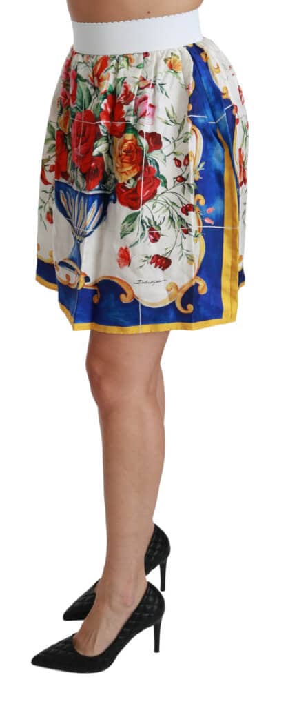 White flower vase high waist mini skirt silk