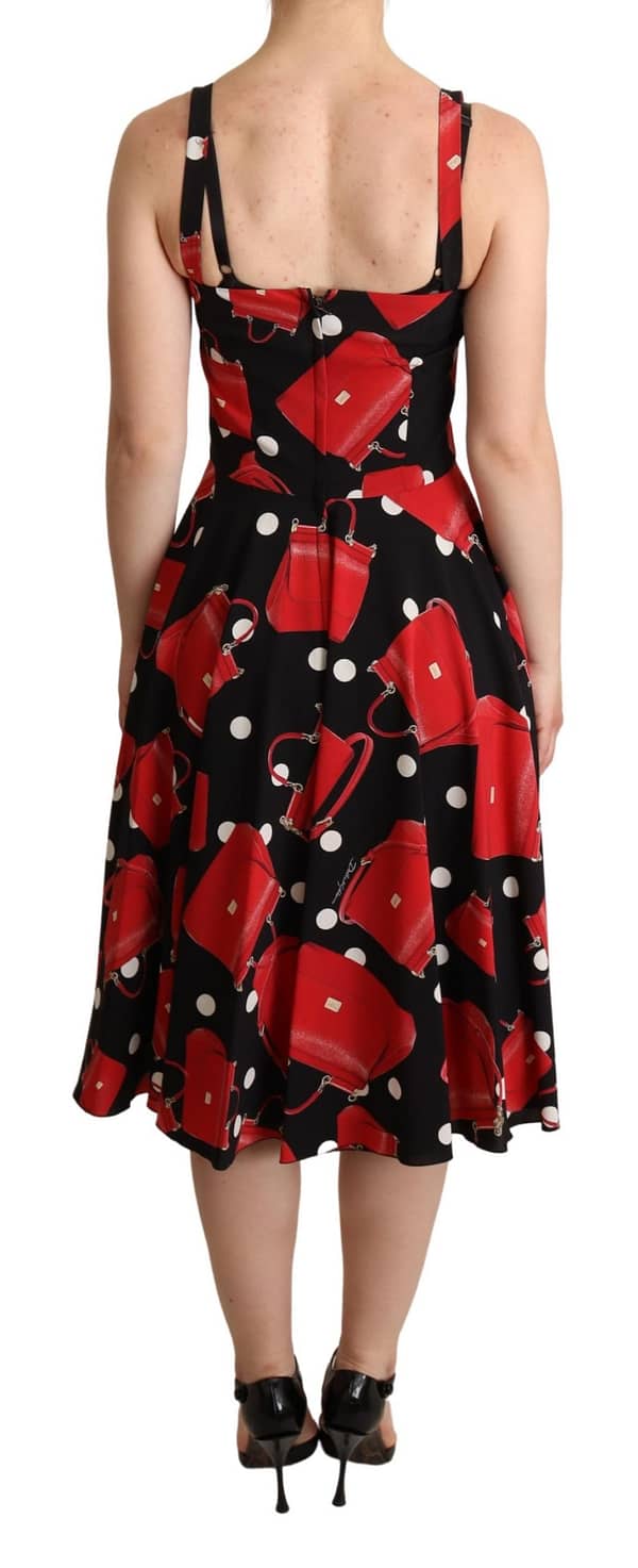 Black red bag print a-line mid length dress