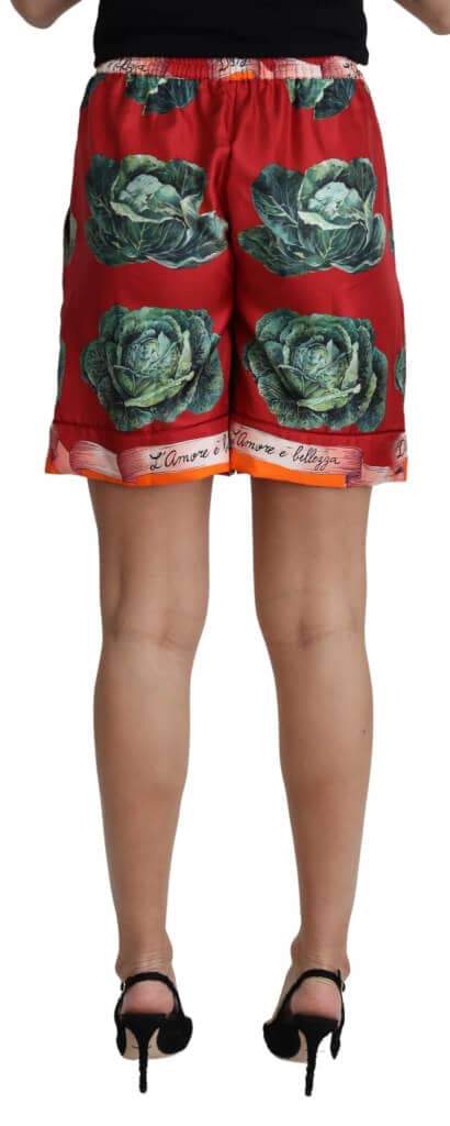 Red cabbage print silk high waist shorts