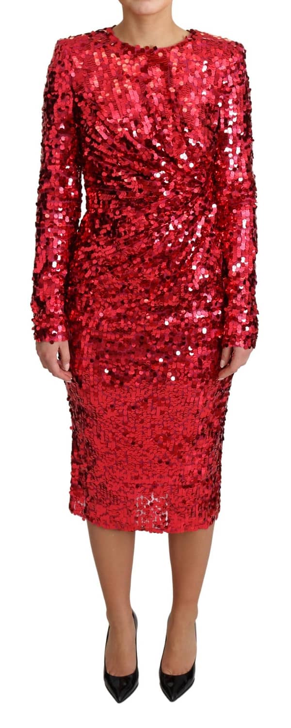 Dolce & gabbana red sequin sheath long sleeves midi dress