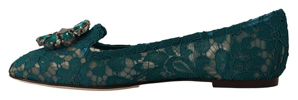 Green lace crystal flats loafers shoes