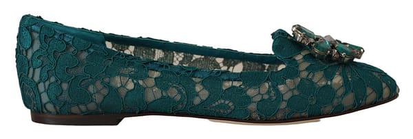 Dolce & gabbana green lace crystal flats loafers shoes