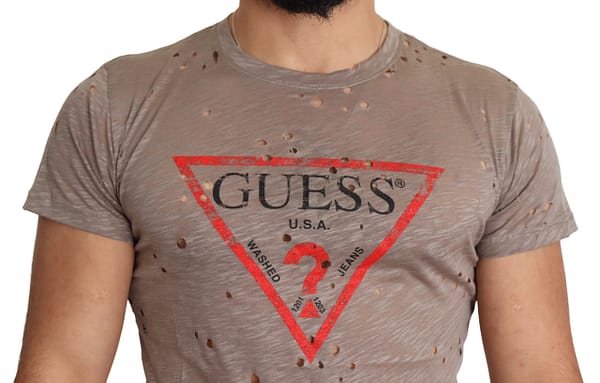 Brown cotton stretch logo print men casual perforated t-shirt