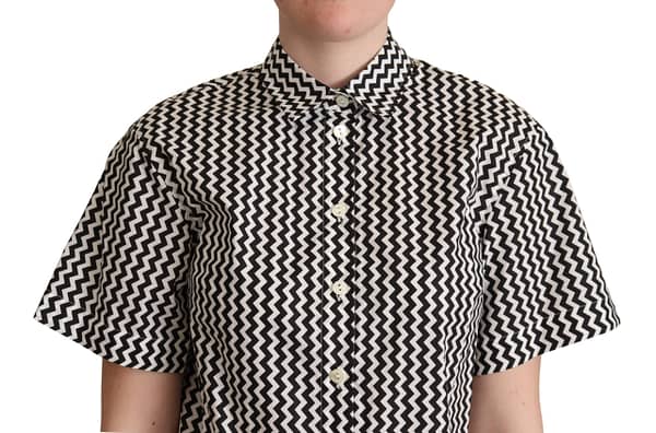 Black white zigzag collar cotton top shirt