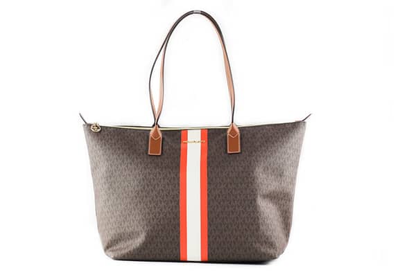 Michael kors travel large leather stripe top zip tote handbag shoulder bag (tangerine multi)
