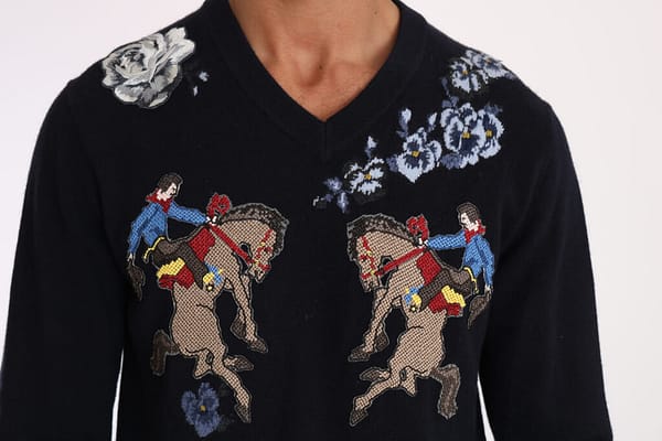 Blue cowboy roses v-neck cashmere sweater