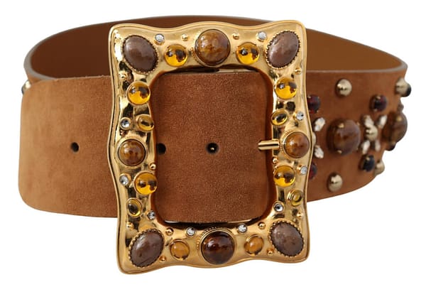 Brown crystal gold buckle leather belt