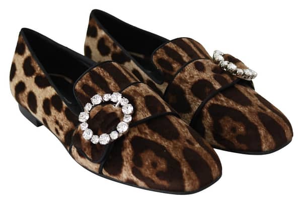 Brown leopard print crystals loafers flats shoes