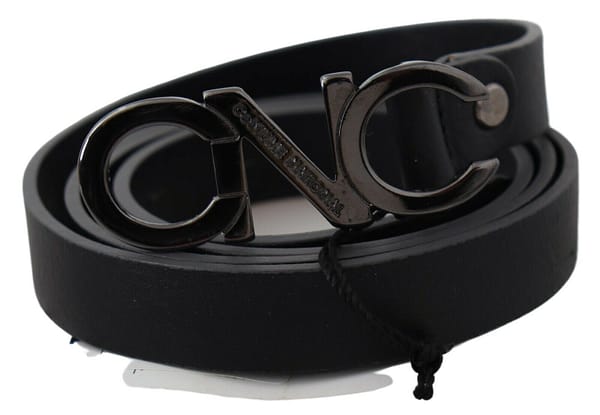 Black genuine leather logo belt