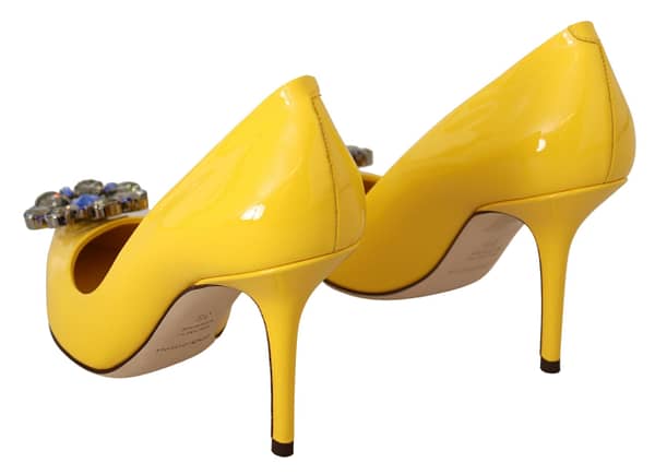 Yellow patent leather crystal heels pump