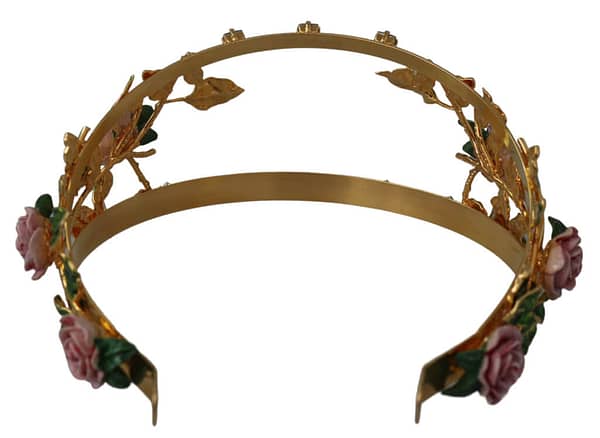 Gold tone brass enamel rose green crystals headband diadem