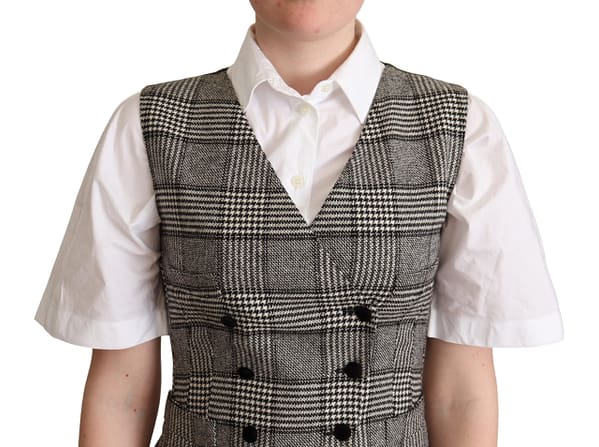Gray checkered sleeveless waistcoat vest