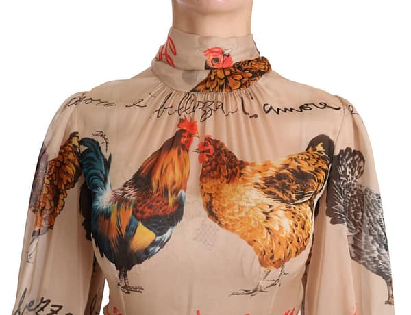 Beige rooster print sheath midi silk dress