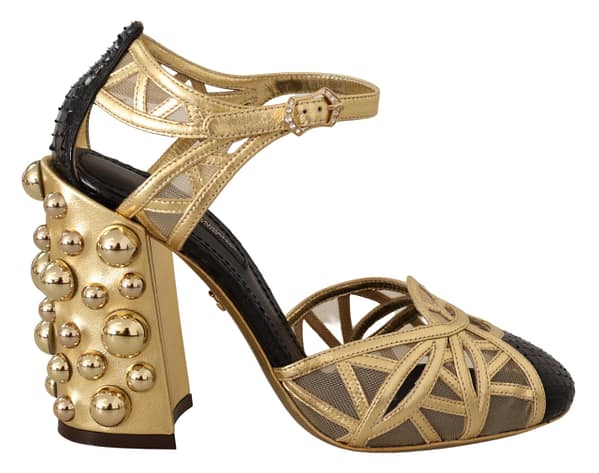 Dolce & gabbana black gold leather studded ankle straps shoes