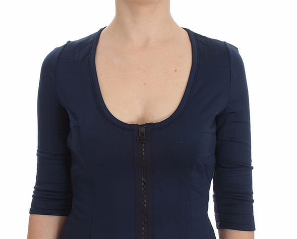 Blue cotton top zipper deep crew-neck sweater