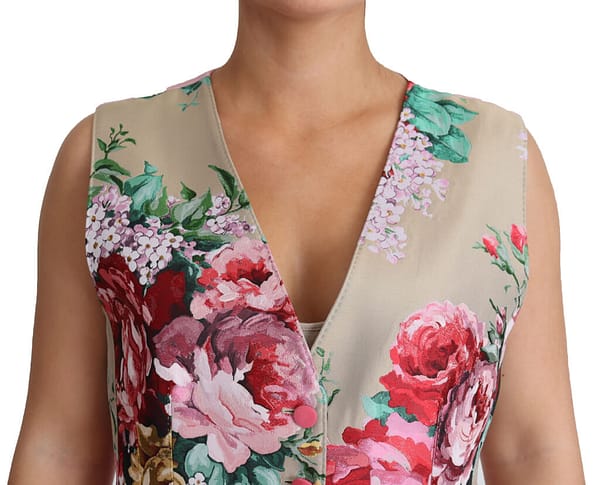 Beige floral print polyester top vest