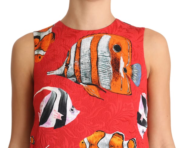 Red fish print sleeveless mini shift dress