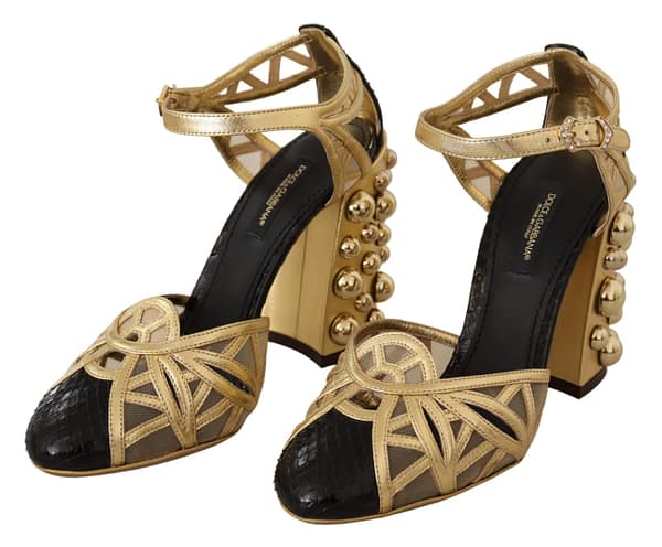 Black gold leather studded ankle straps shoes