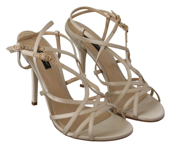 Beige leather ankle strap heels sandals shoes