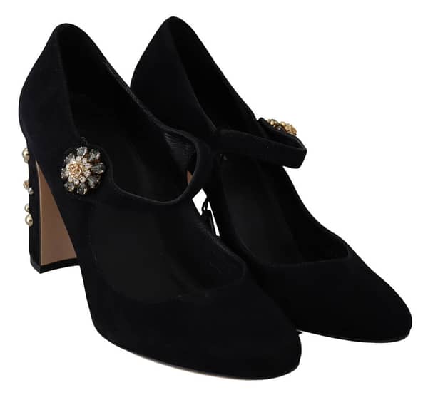 Black suede crystal heels mary jane shoes
