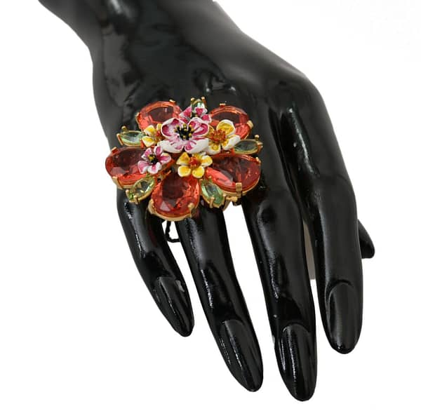 Gold brass orange crystal floral accessory ring