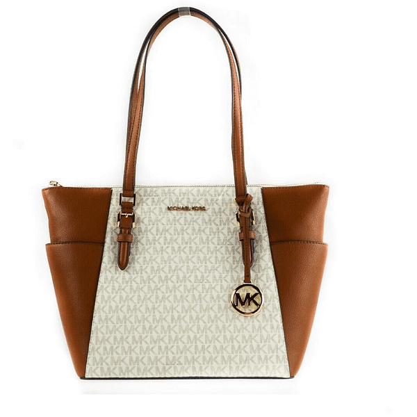 Michael kors charlotte signature leather large top zip tote handbag bag (vanilla)