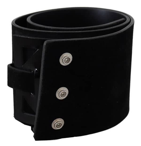 Black leather wide silver logo design buckle belt