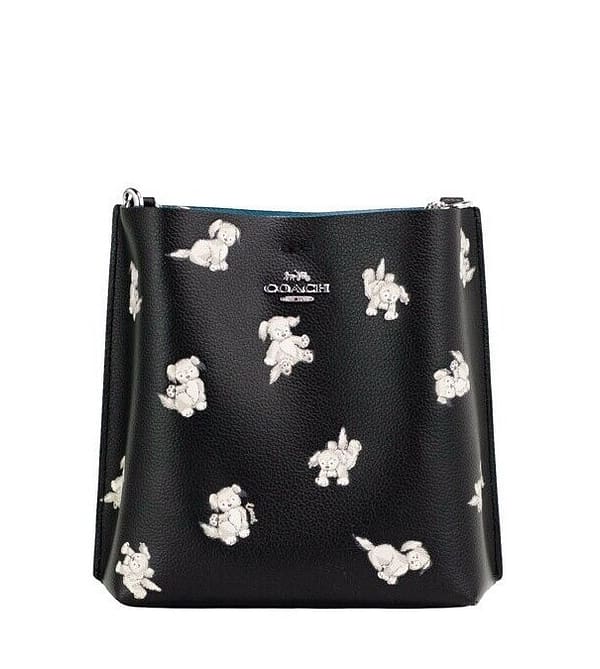Coach mollie 22 dog print black leather bucket crossbody handbag purse