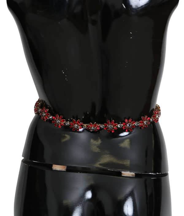 Black leather red floral motif crystals belt