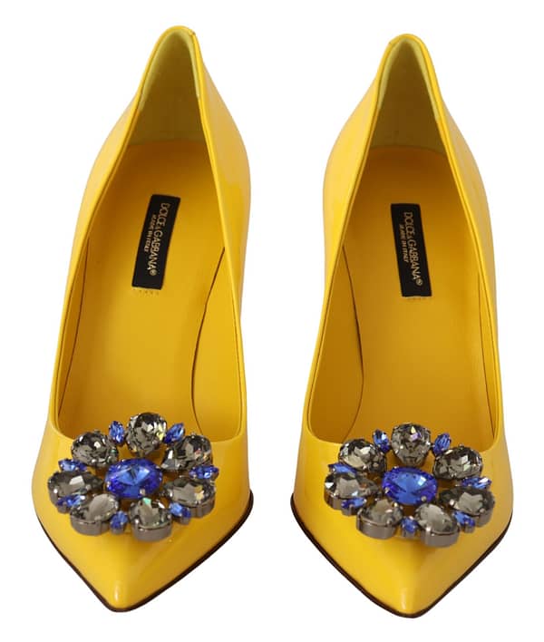 Yellow patent leather crystal heels pump