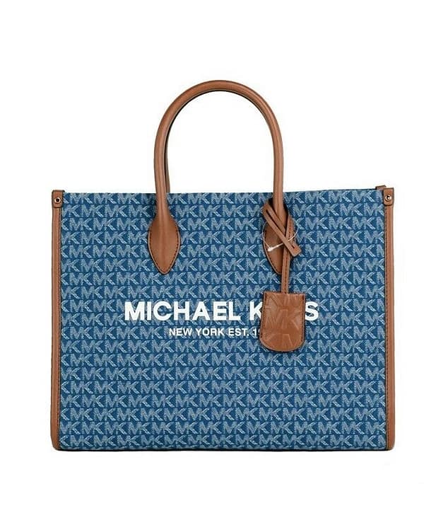 Michael kors mirella medium signature denim logo canvas east west tote handbag