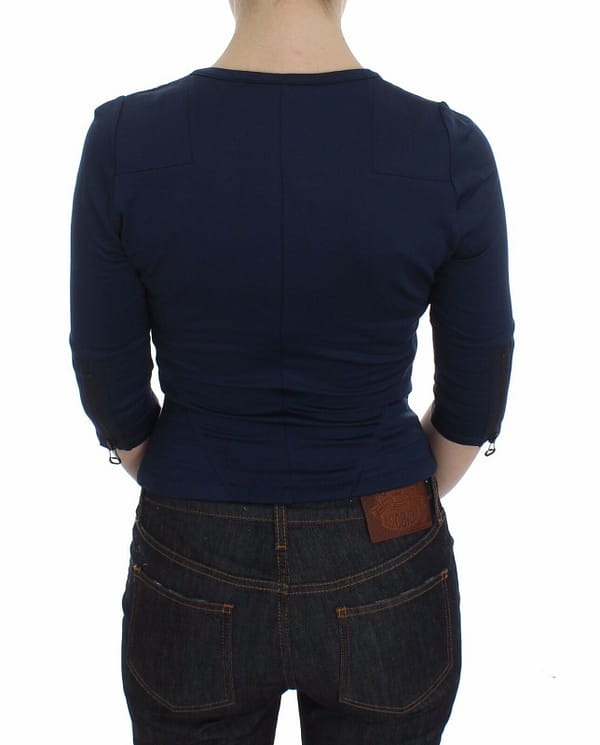 Blue cotton top zipper deep crew-neck sweater