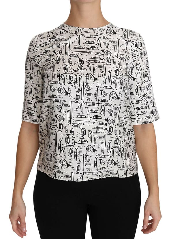 White musical instruments print blouse