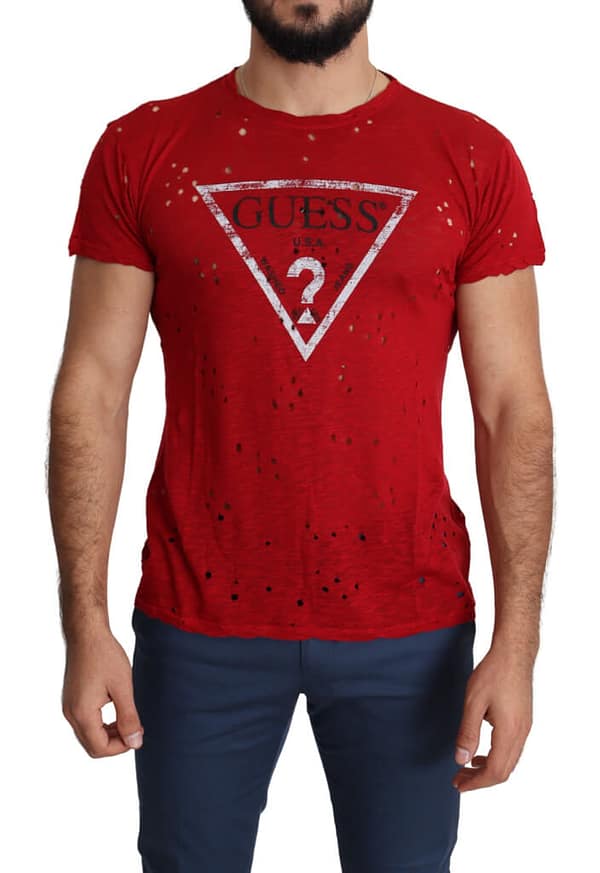Guess red cotton logo print men casual top perforated t-shirt