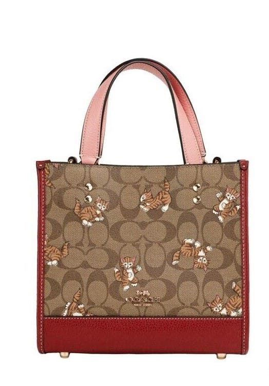 Coach dempsey 22 small kitten signature coated canvas carryall tote bag brown