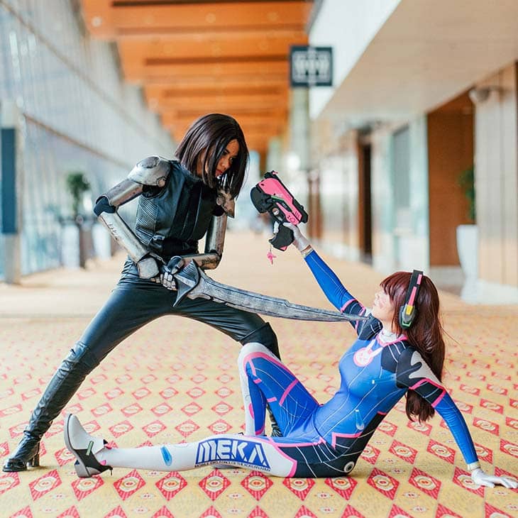 Two girls cosplay acting