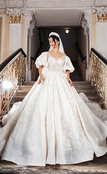 Woman stairs ballgown wedding dress