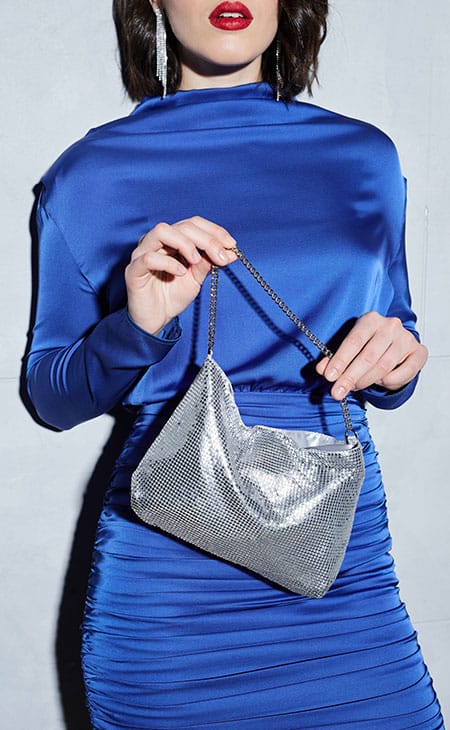 Closeup woman party dress sequined handbag