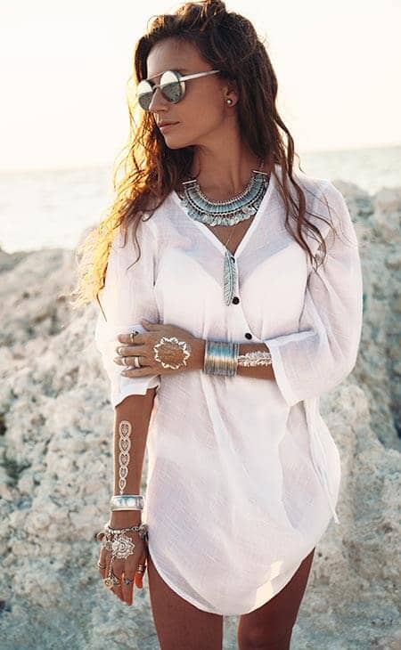 Woman boho style white shirt jewelry
