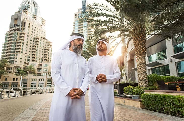 Two men walking street qatar