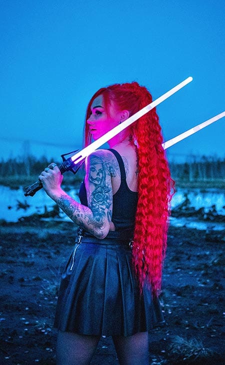 Woman red hair light swords